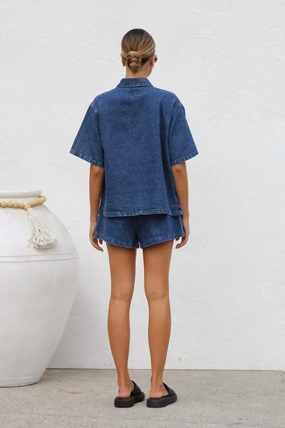 Women's Denim Two-Piece Short Set with Shirt Jacket