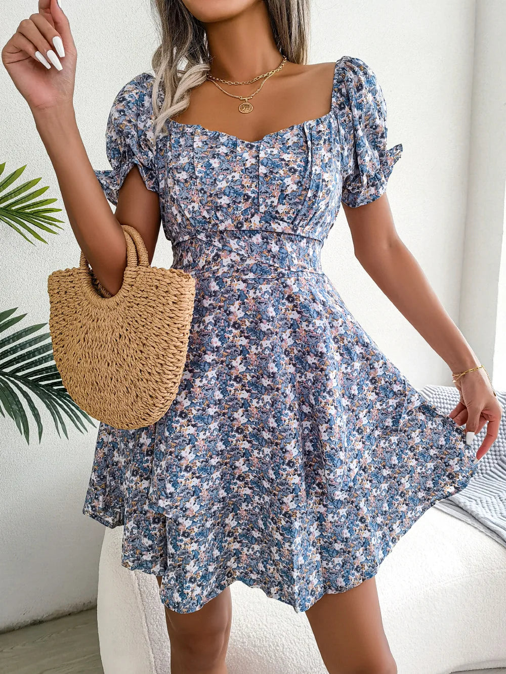 Women’s Floral Short Sleeve Mini Dress with Lace-Up Waist and Flowy Fit