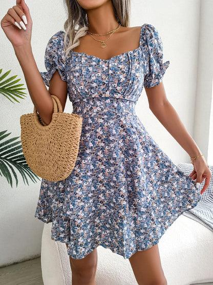 Women’s Floral Short Sleeve Mini Dress with Lace-Up Waist and Flowy Fit