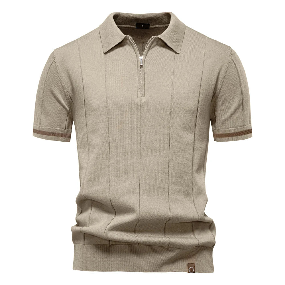 Men's Short-Sleeve Zip Polo Shirt with Contrast Trim and Slim Fit