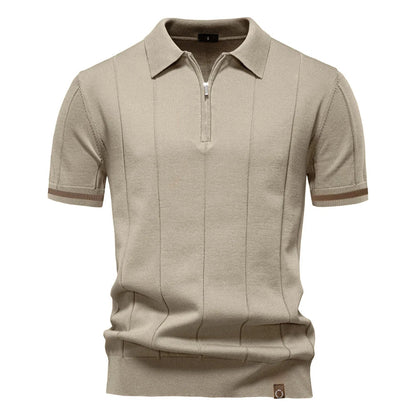 Men's Short-Sleeve Zip Polo Shirt with Contrast Trim and Slim Fit