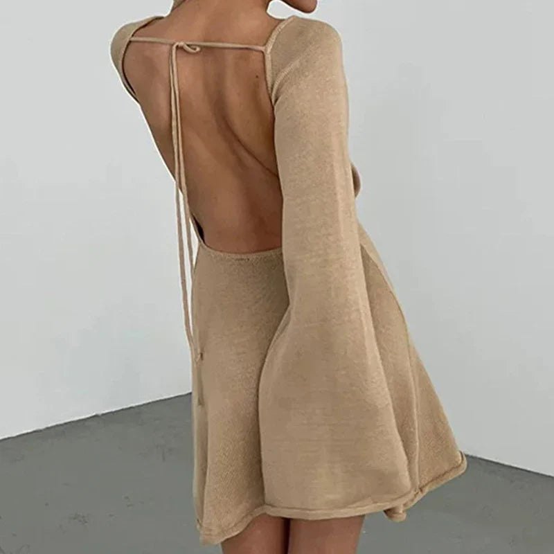 Women's Backless Knit Mini Dress with Bell Sleeves and Tie Back