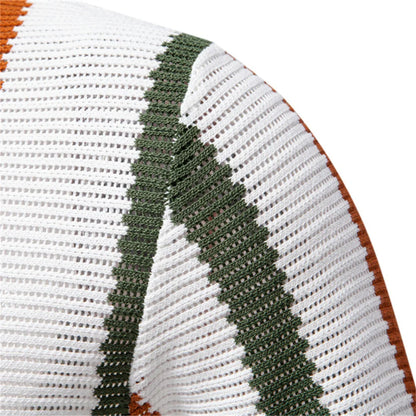 Men's Short-Sleeve Knit Polo Shirt with Vertical Stripes and V-Neck