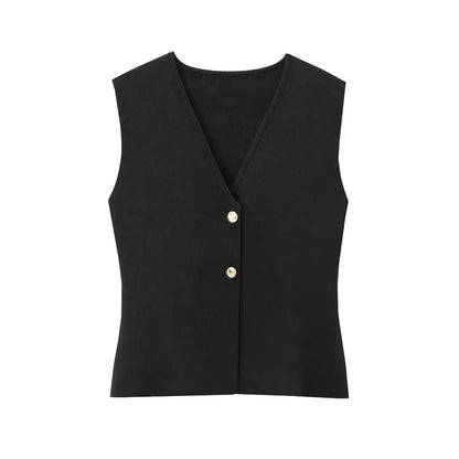 Women's Button-Front Knitted Vest Top with Sleeveless Design