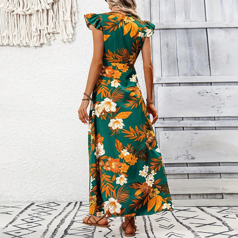 Women's High-Low Floral Maxi Dress with V-Neck and Cap Sleeve Detail