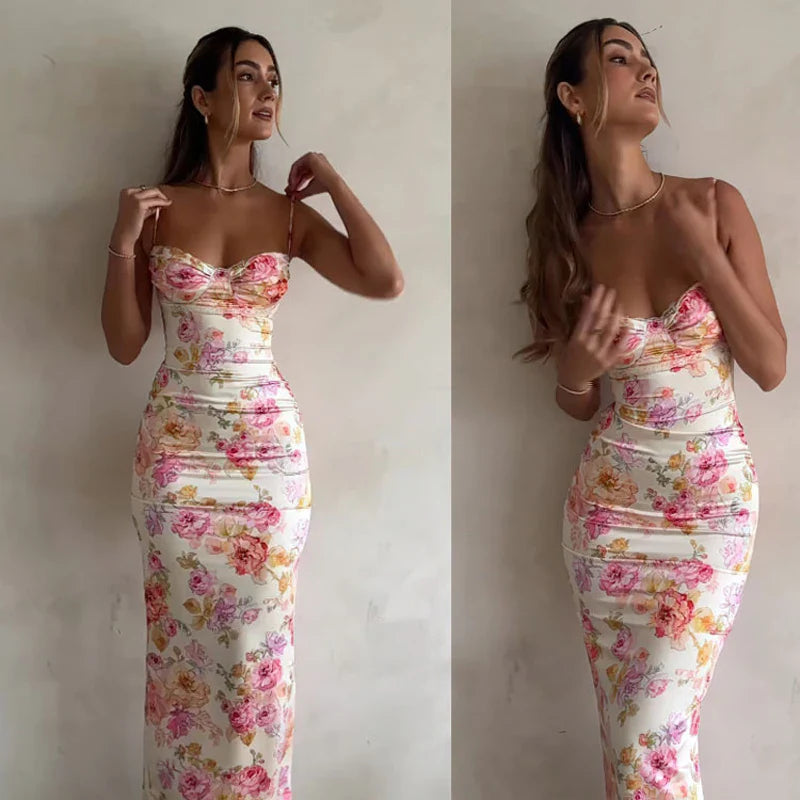 Women's Floral Spaghetti Strap Bodycon Maxi Dress