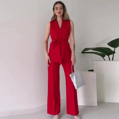 Women’s Sleeveless Two Piece Suit Set with Wrap V-Neck Top and Wide-Leg Trousers