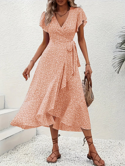 Women's V-Neck Floral Mini Wrap Dress with Short Sleeves and Tie Waist