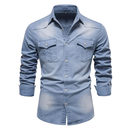 Men's Slim Fit Long Sleeve Shirt with Button Front and Classic Collar