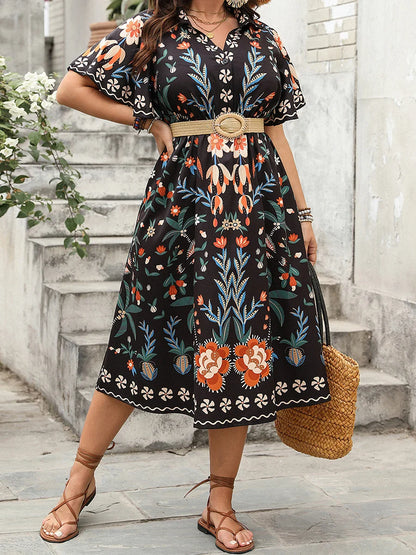Women's Plus Size V-Neck Maxi Dress with Floral Boho Print Style