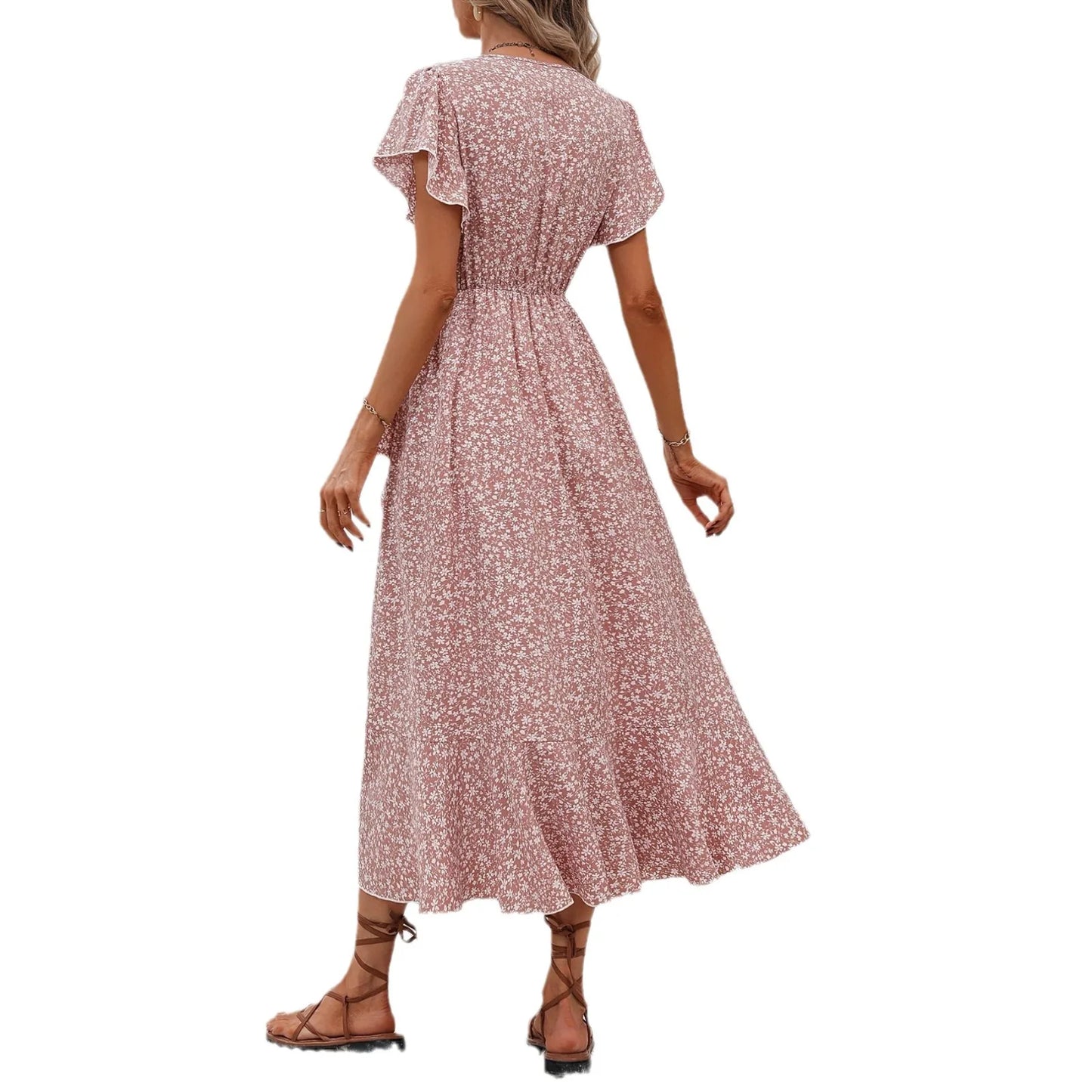 Women's V-Neck Floral Mini Wrap Dress with Short Sleeves and Tie Waist