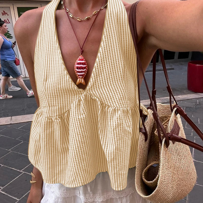 Women's Halter Babydoll Crop Top with Tie Back and Stripes