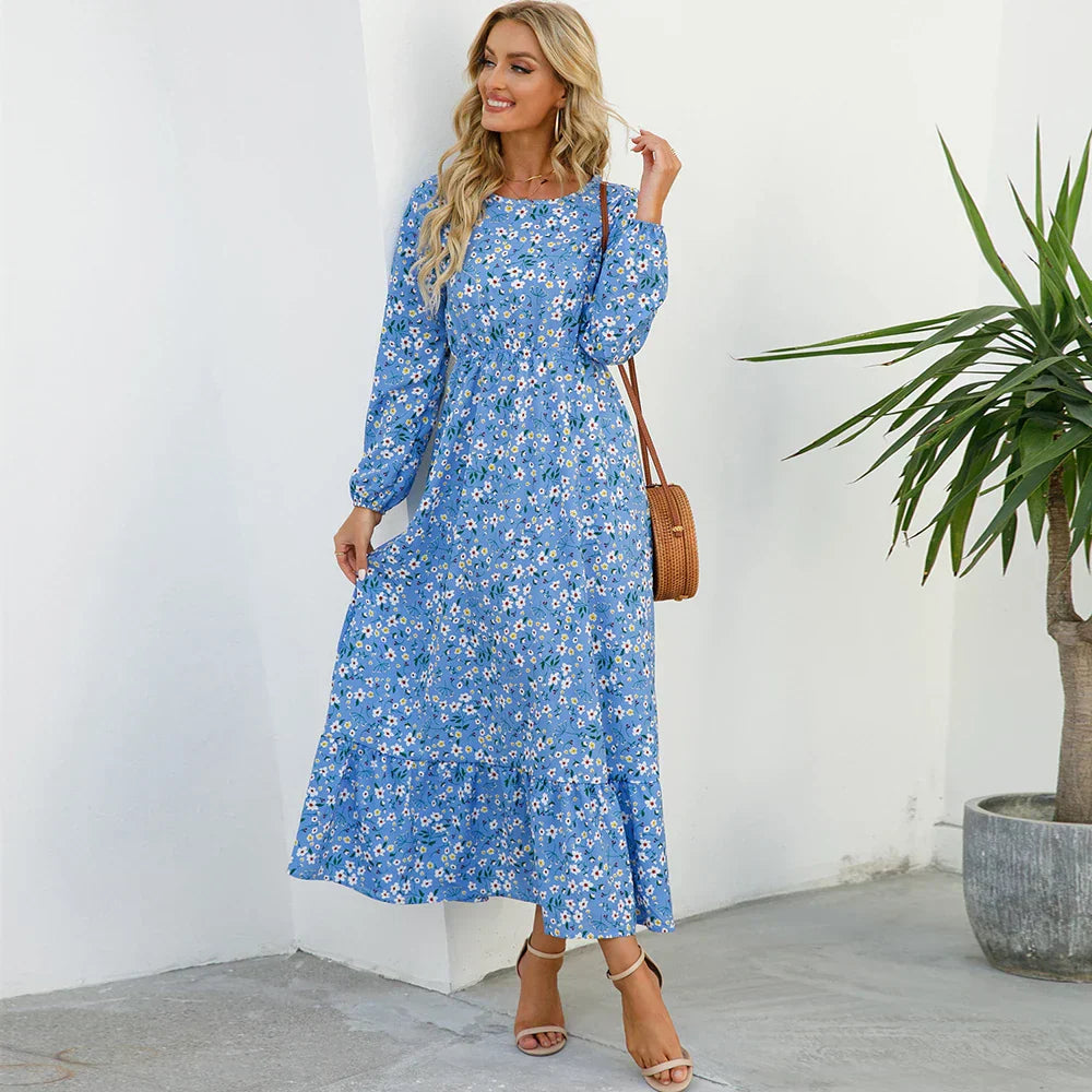 Women's Long Sleeve Maxi Dress with Floral Print and Cinched Waist