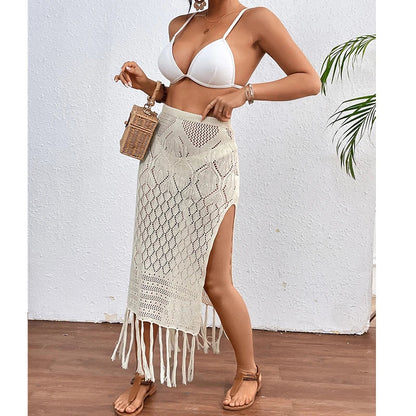 Women's Knitted High-Slit Skirt with Tassels Bikini Cover Up