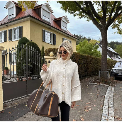 Women's Knit Button Cardigan with Ribbed Neckline and Cuffs