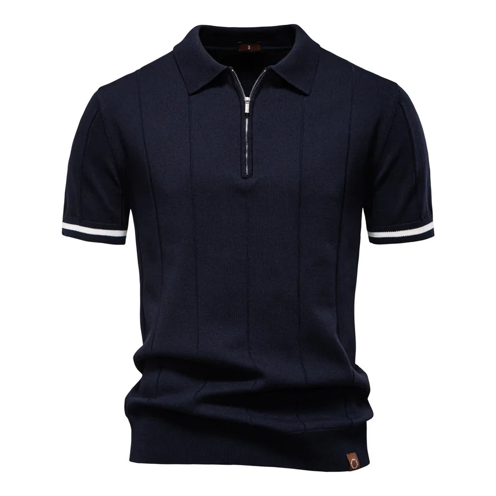 Men's Short-Sleeve Zip Polo Shirt with Contrast Trim and Slim Fit