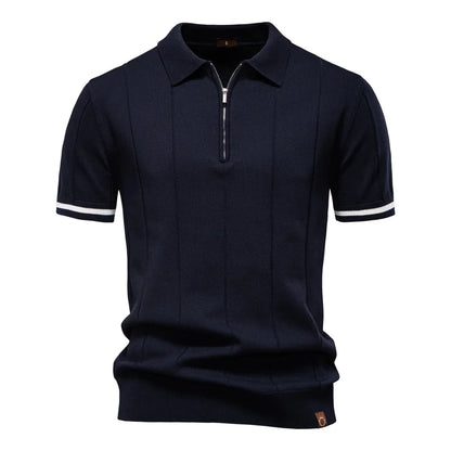 Men's Short-Sleeve Zip Polo Shirt with Contrast Trim and Slim Fit