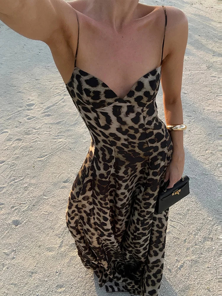 Women's Leopard Print Maxi Dress with Spaghetti Straps and V-Neck