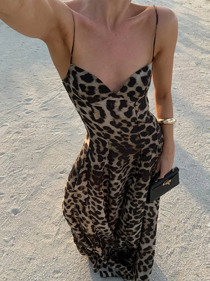 Women's Leopard Print Maxi Dress with Spaghetti Straps and V-Neck