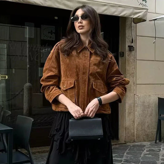 Women's Streetwear Bomber Jacket with Snap Buttons and Flap Pockets