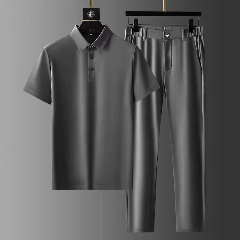 Men's Short-Sleeve Polo Shirt and Pants Two-Piece Set with Tailored Fit