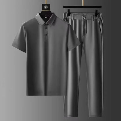Men's Short-Sleeve Polo Shirt and Pants Two-Piece Set with Tailored Fit