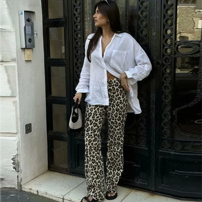 Leopard Print Wide-Leg Pants for Women