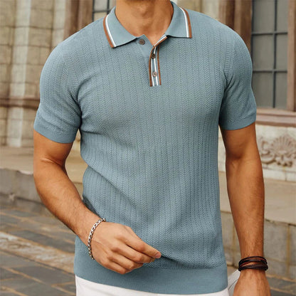 Men's Slim Fit Knitted Polo Shirt with Striped Collar and Button Placket