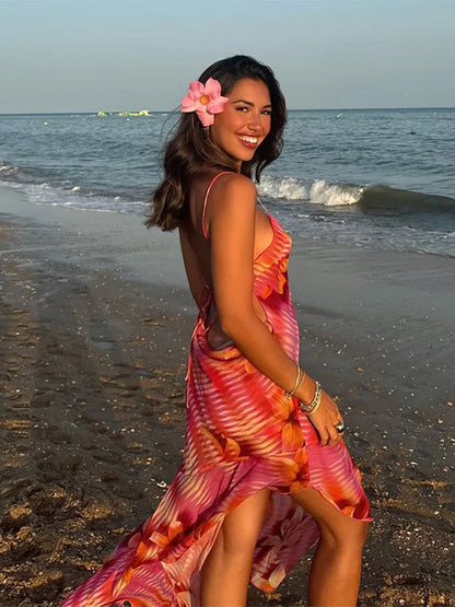 Women's Tropical Print Maxi Dress with Side Slit and Spaghetti Straps