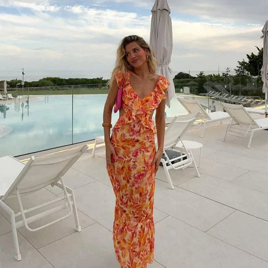 Women's Flowy Maxi Dress with Deep V-Neck and Ruffled Sleeves