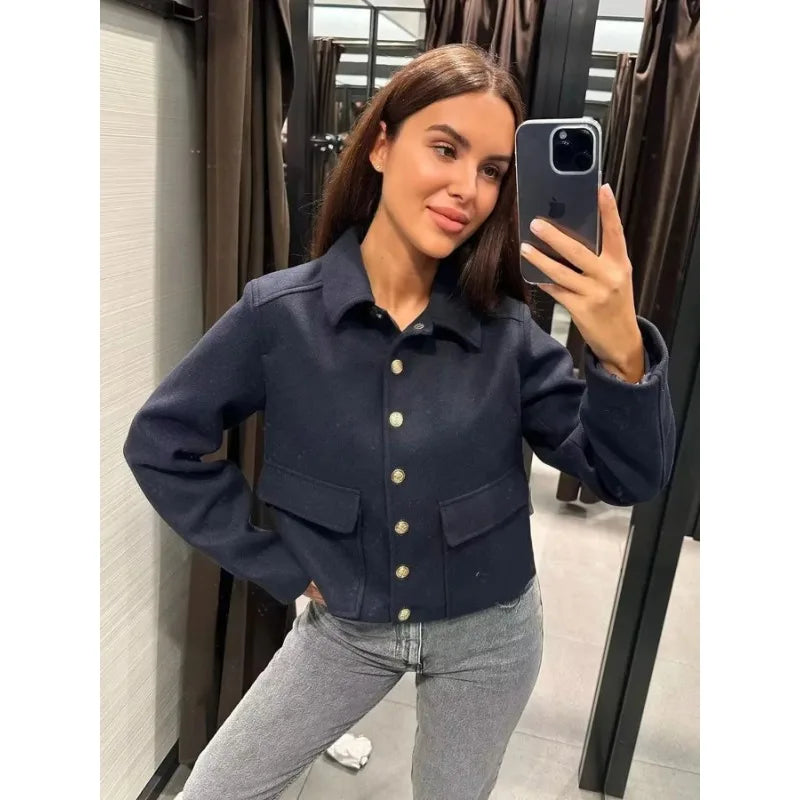 Women's Cropped Aviator Bomber Jacket with Button Front & Pockets