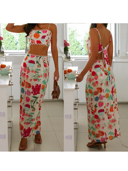 Women's Two Piece Set with Fruit Print Crop Top and Maxi Skirt