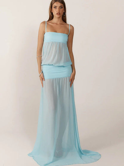 Women's Sheer Maxi Dress with Spaghetti Straps and Side Cut-Outs