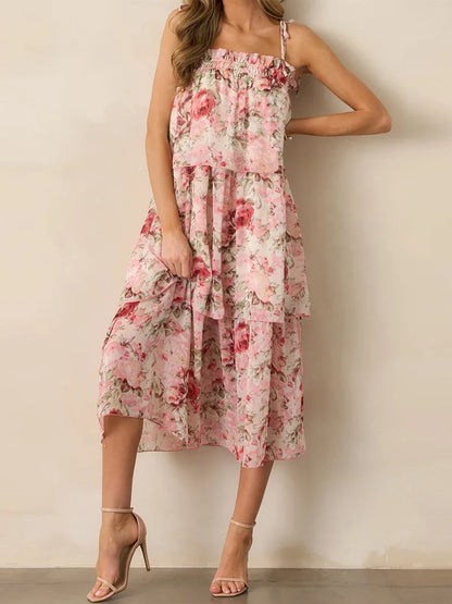 Women's Floral Sleeveless Midi Dress with Tiered Ruffle Hem