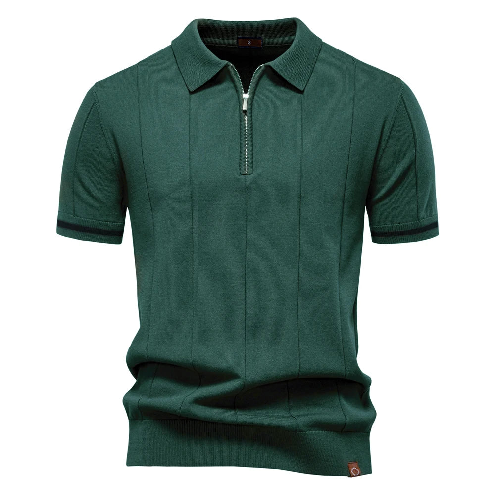 Men's Short-Sleeve Zip Polo Shirt with Contrast Trim and Slim Fit