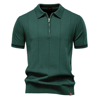 Men's Short-Sleeve Zip Polo Shirt with Contrast Trim and Slim Fit