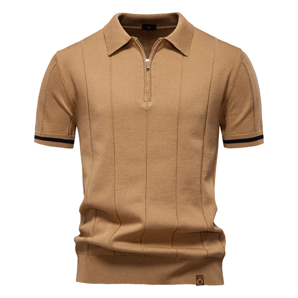 Men's Short-Sleeve Zip Polo Shirt with Contrast Trim and Slim Fit
