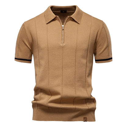 Men's Short-Sleeve Zip Polo Shirt with Contrast Trim and Slim Fit