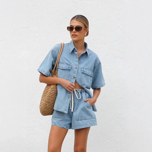 Women's Denim Two-Piece Short Set with Shirt Jacket