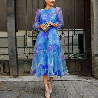 Women's Long-Sleeve Floral Midi Dress with Sheer Puff Sleeves