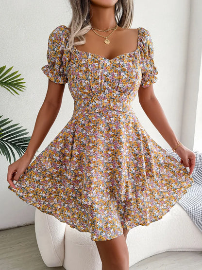 Women’s Floral Short Sleeve Mini Dress with Lace-Up Waist and Flowy Fit