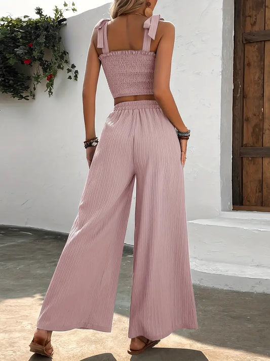 Women's Summer Two-Piece Set with Smocked Top and Wide-Leg Pants