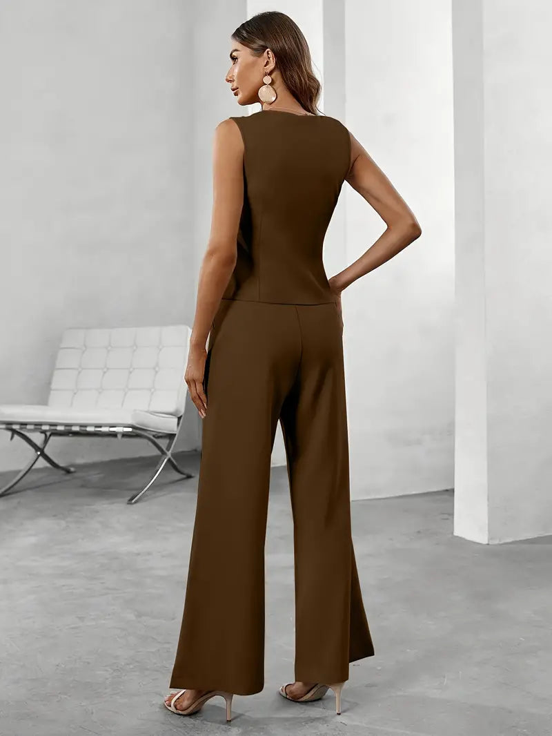 Women's Two Piece Tailored Set with Sleeveless Vest and Wide Leg Pants
