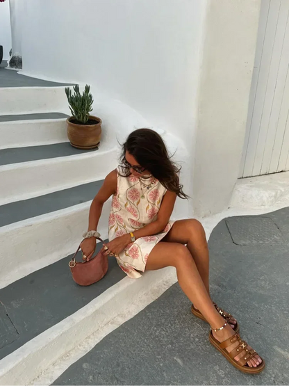 Women's Sleeveless Mini Dress with Pink Floral Allover Print