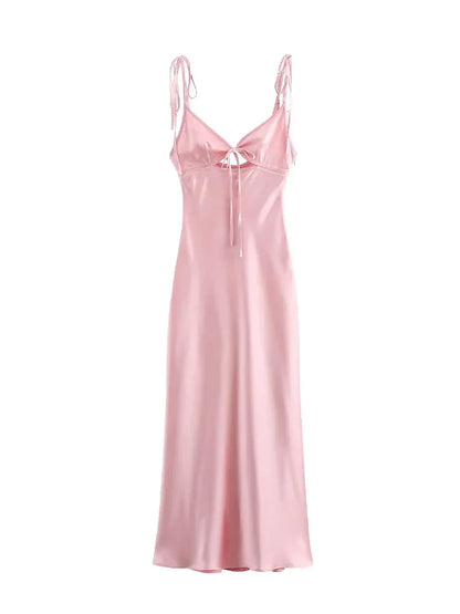Women's Sleeveless Tie-Strap Maxi Dress with Front Drawstring Detail