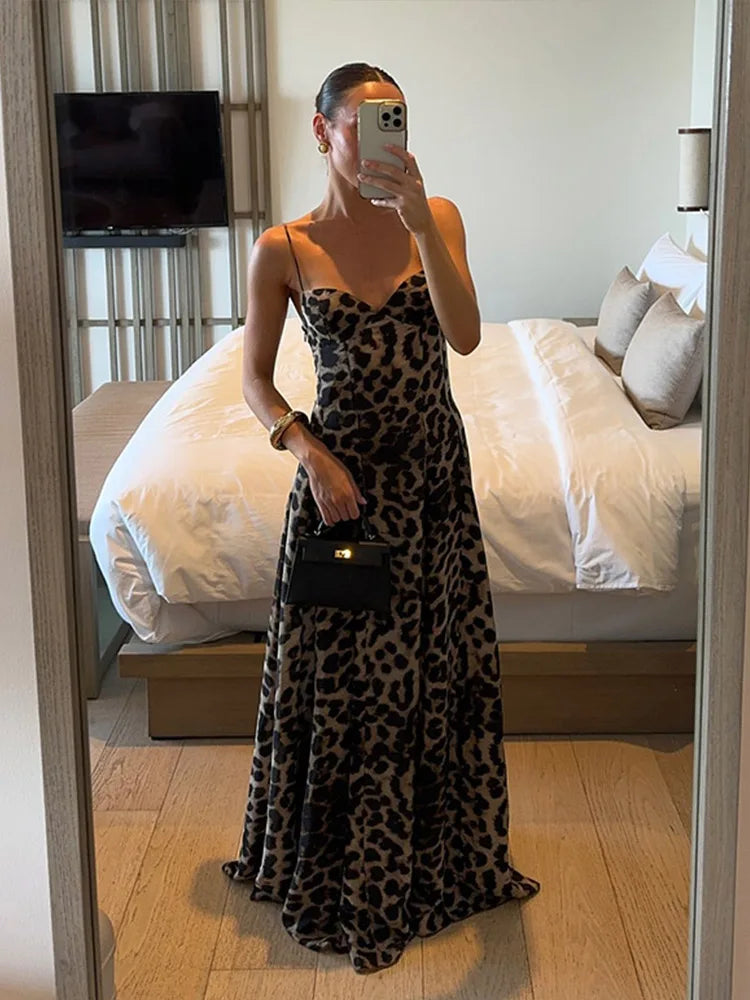 Women's Leopard Print Maxi Dress with Spaghetti Straps and V-Neck