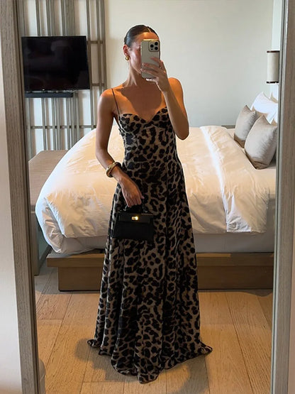 Women's Leopard Print Maxi Dress with Spaghetti Straps and V-Neck
