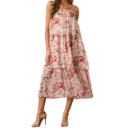 Women's Floral Sleeveless Midi Dress with Tiered Ruffle Hem