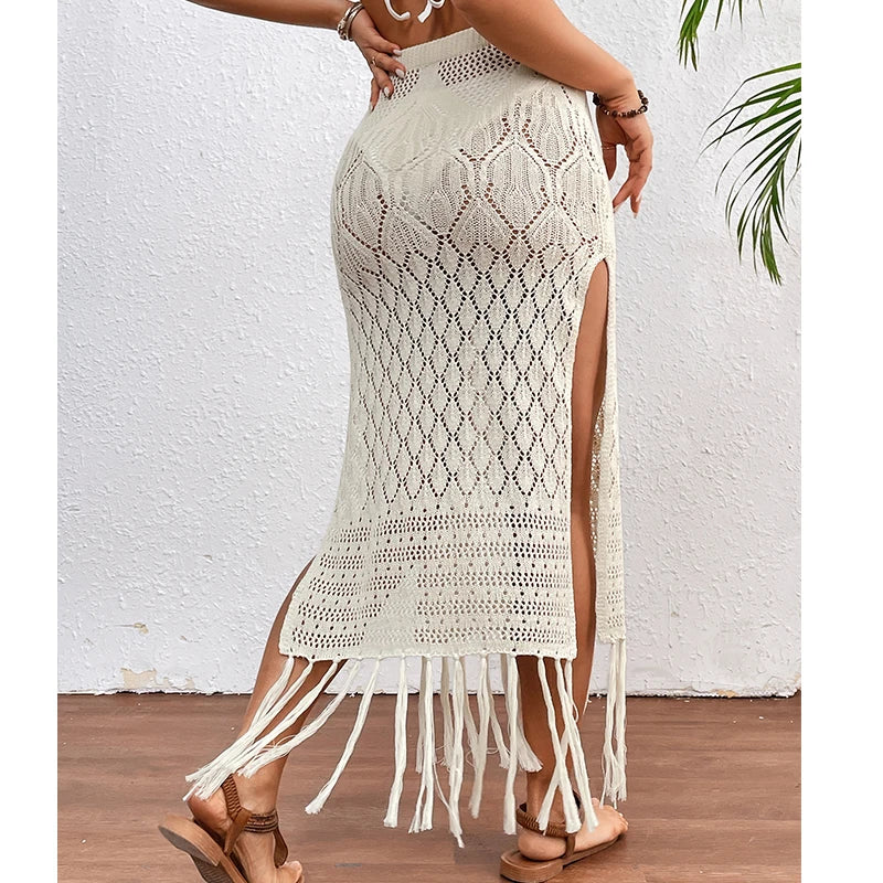 Women's Knitted High-Slit Skirt with Tassels Bikini Cover Up