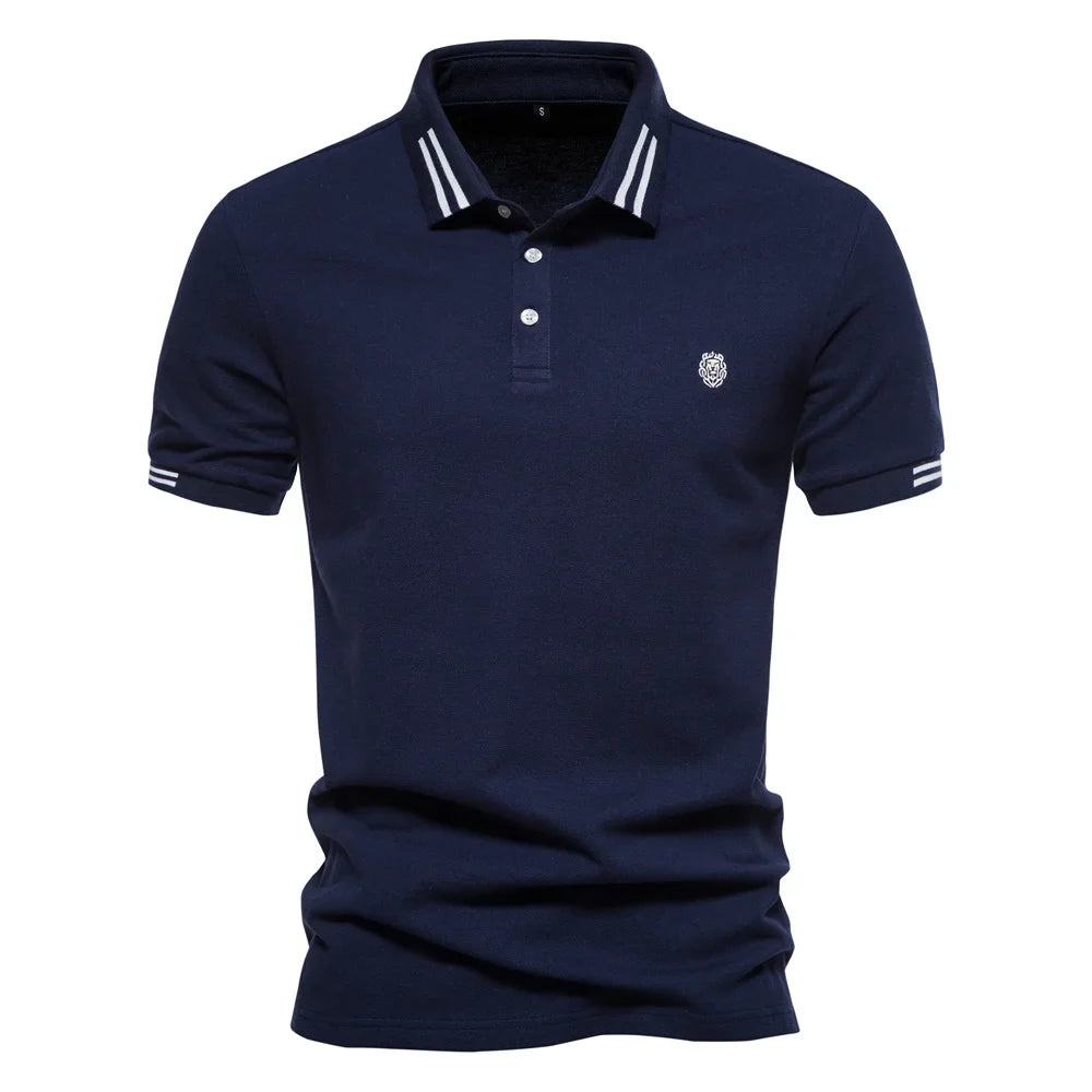 Men's Short-Sleeve Polo Shirt with Stripe Trim and Chest Logo